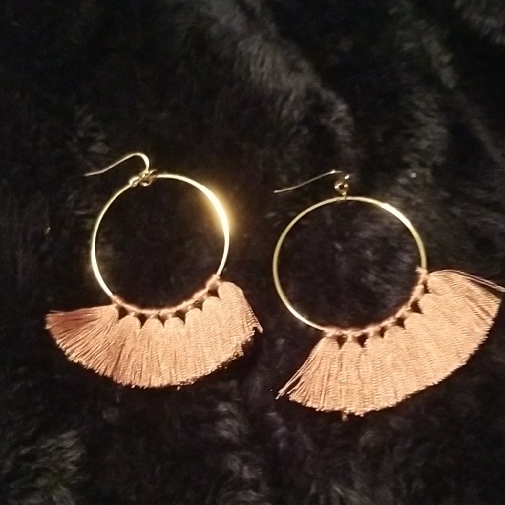 Gold and Tan Tassel Hoop Earrings
